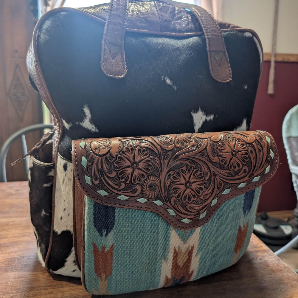 Cowhide and Leather Backpack with Floral Embossed Pocket